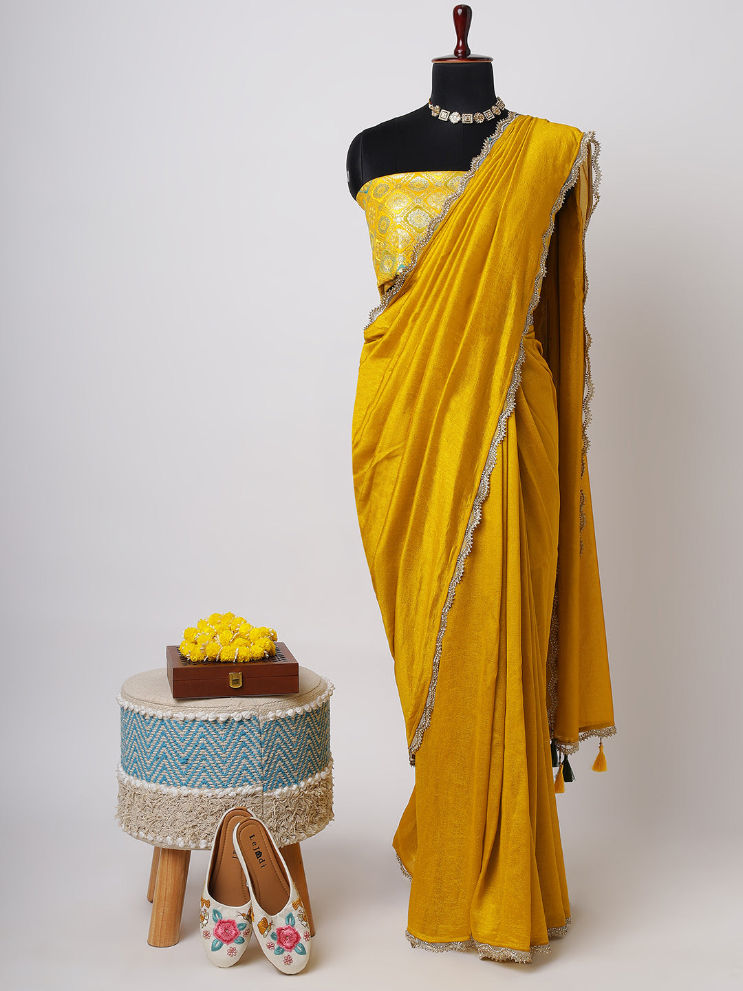 “Haldi Hues” – Mustard Yellow Saree with Brocade Blouse & Silver Lace Border