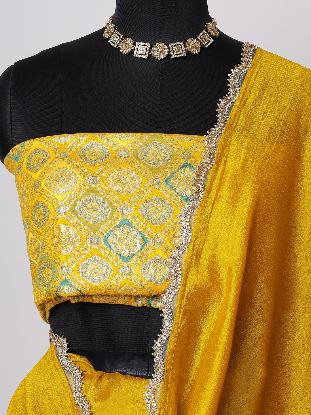“Haldi Hues” – Mustard Yellow Saree with Brocade Blouse & Silver Lace Border