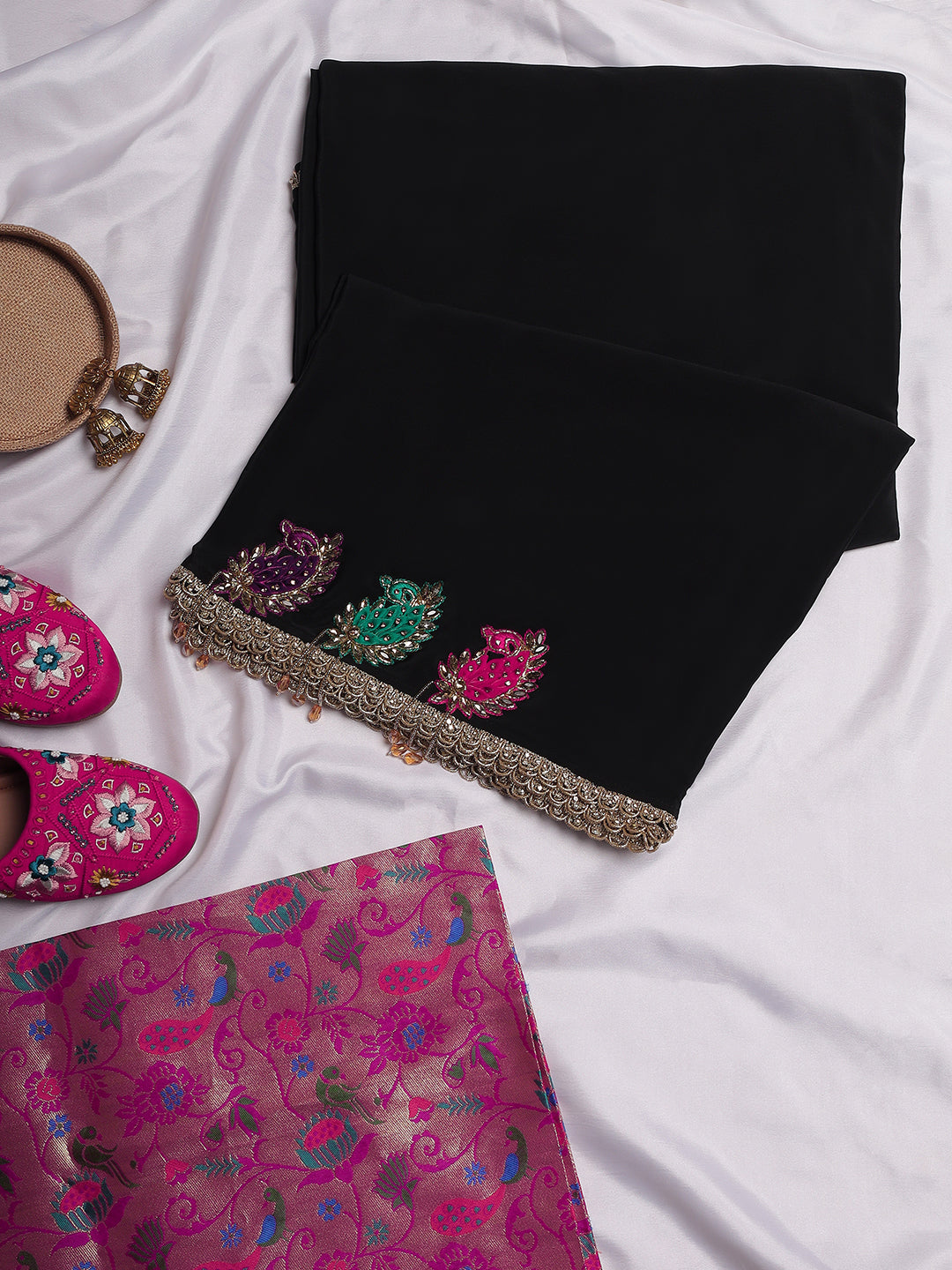 Black Georgette Saree with Multicolor Embroidered Motifs & Banarasi Blouse