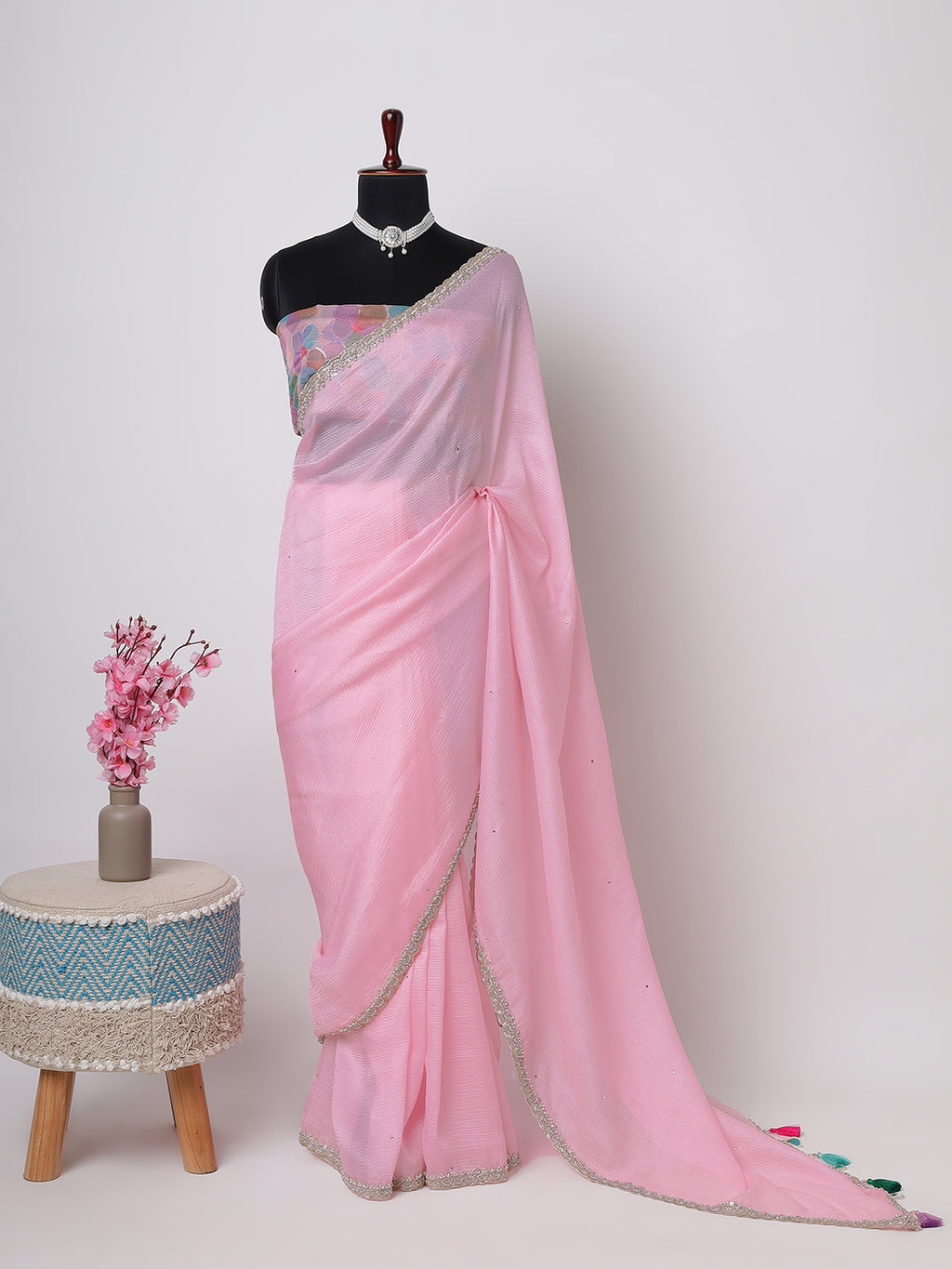 Baby Pink Organza Saree with Silver Embroidered Border & Pastel Blouse