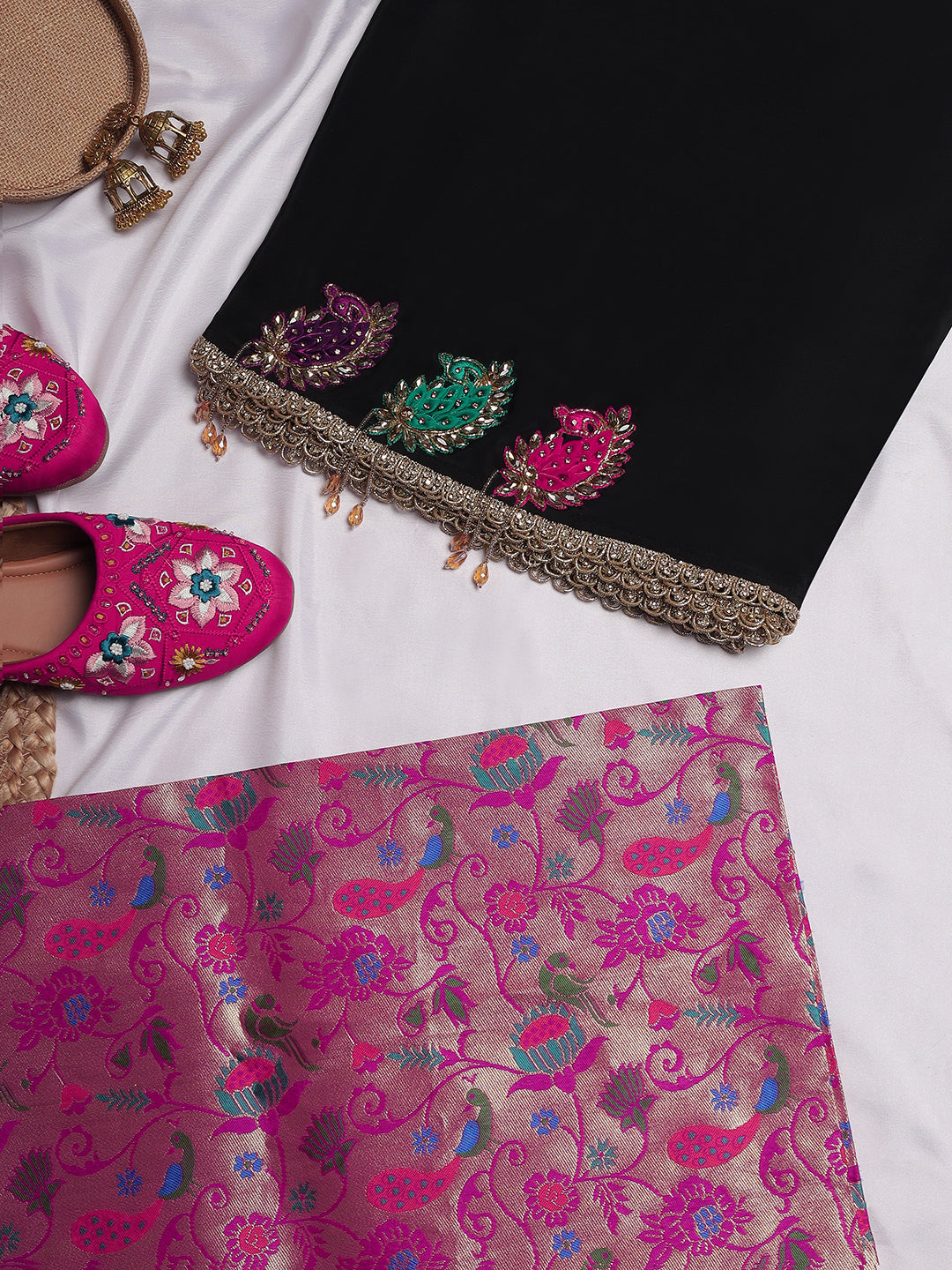 Black Georgette Saree with Multicolor Embroidered Motifs & Banarasi Blouse