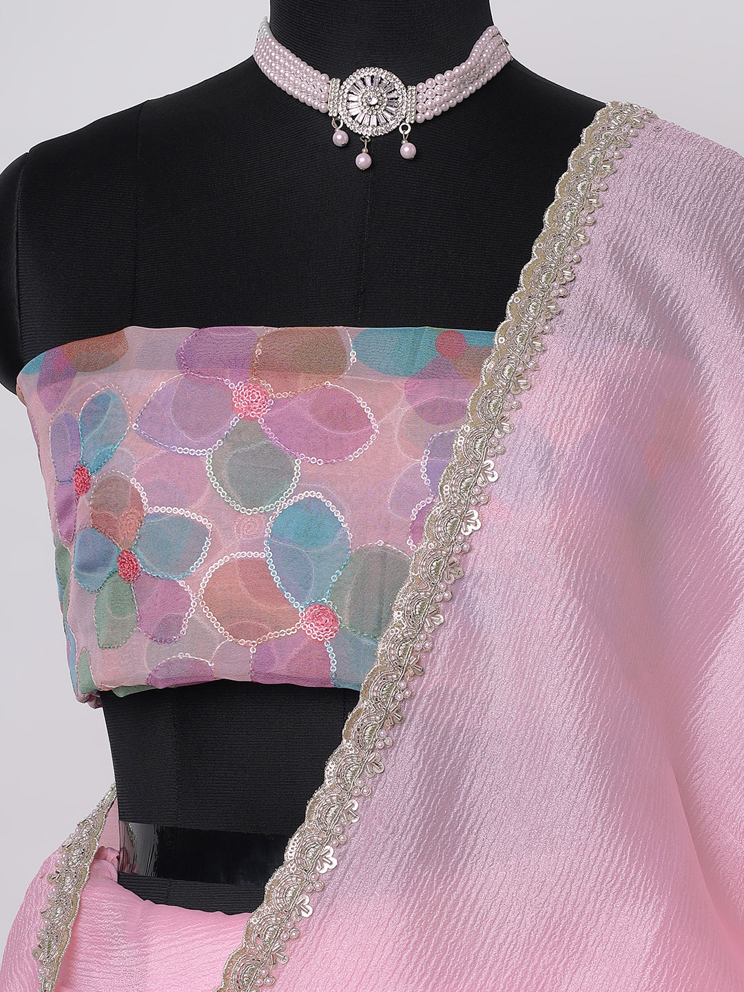 Baby Pink Organza Saree with Silver Embroidered Border & Pastel Blouse