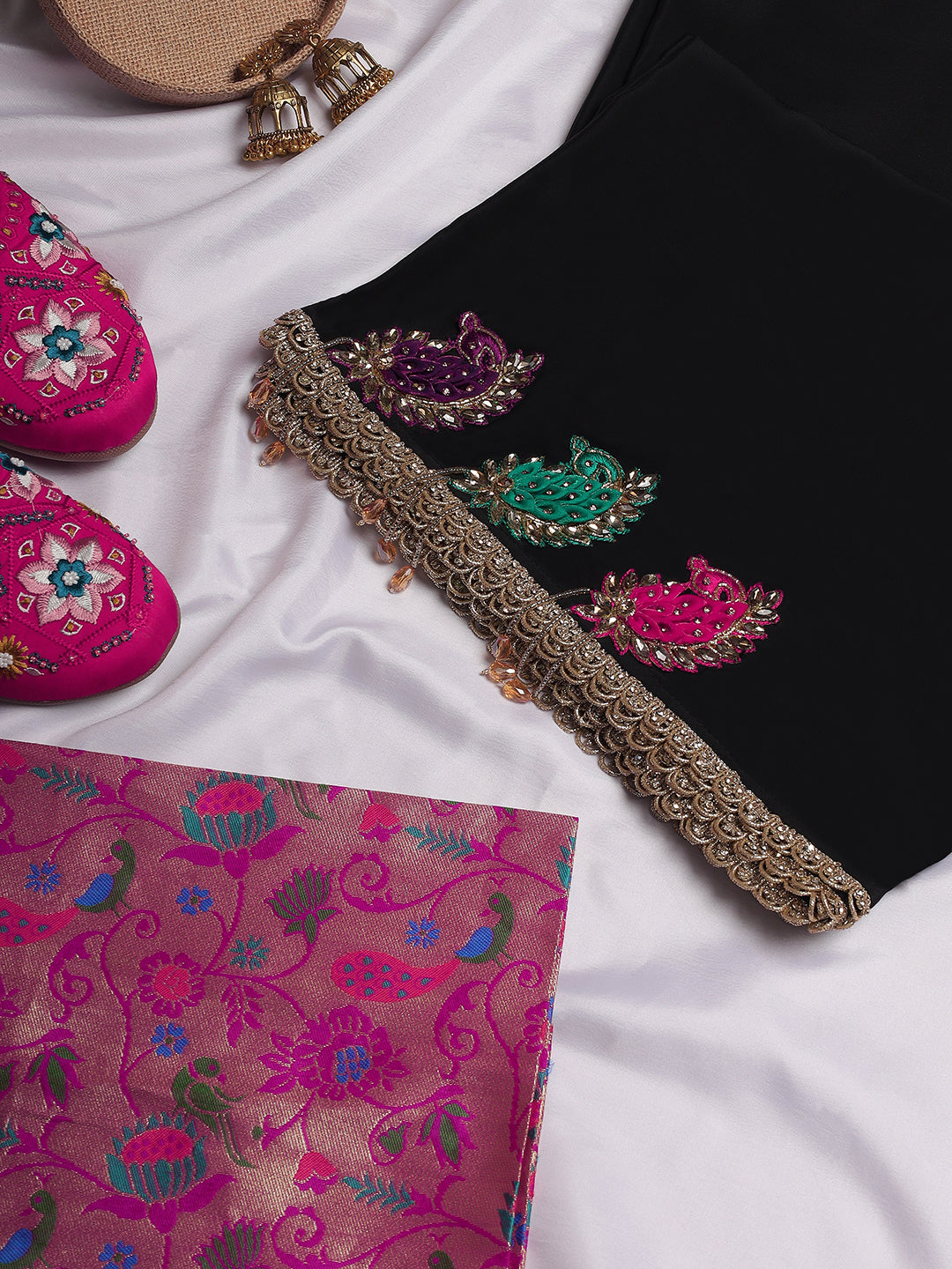 Black Georgette Saree with Multicolor Embroidered Motifs & Banarasi Blouse