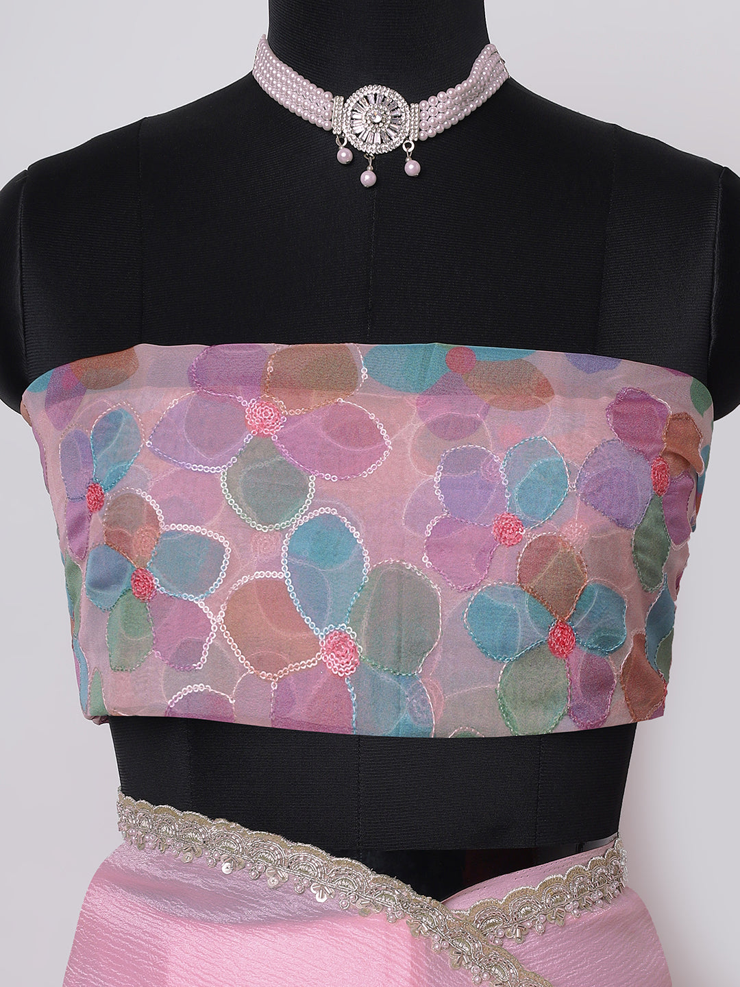 Baby Pink Organza Saree with Silver Embroidered Border & Pastel Blouse