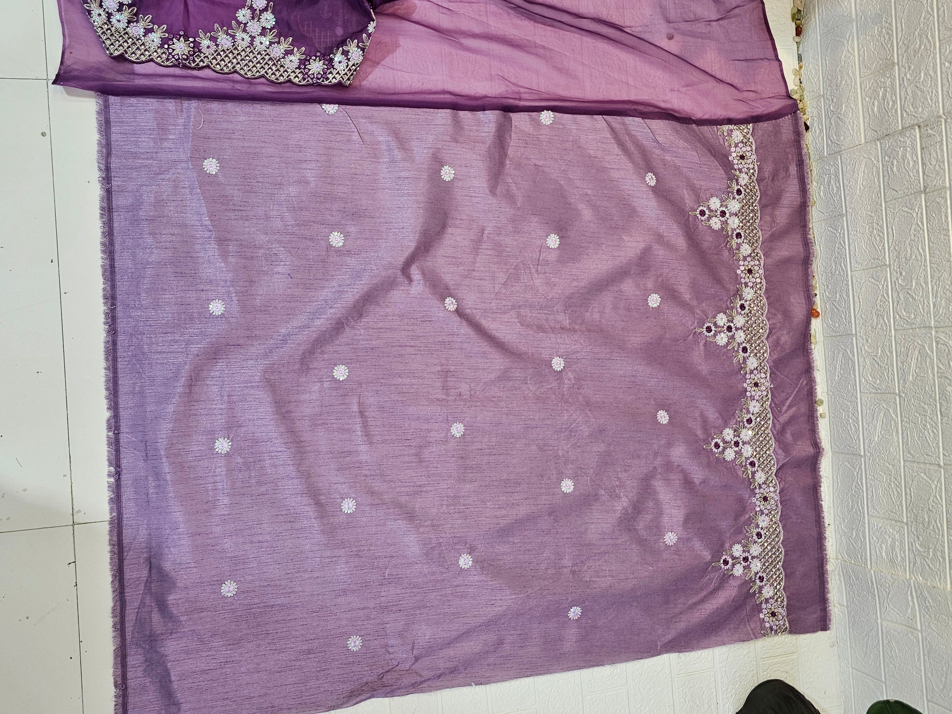 Lavender Organza Saree with Sequin Floral Embroidered Border