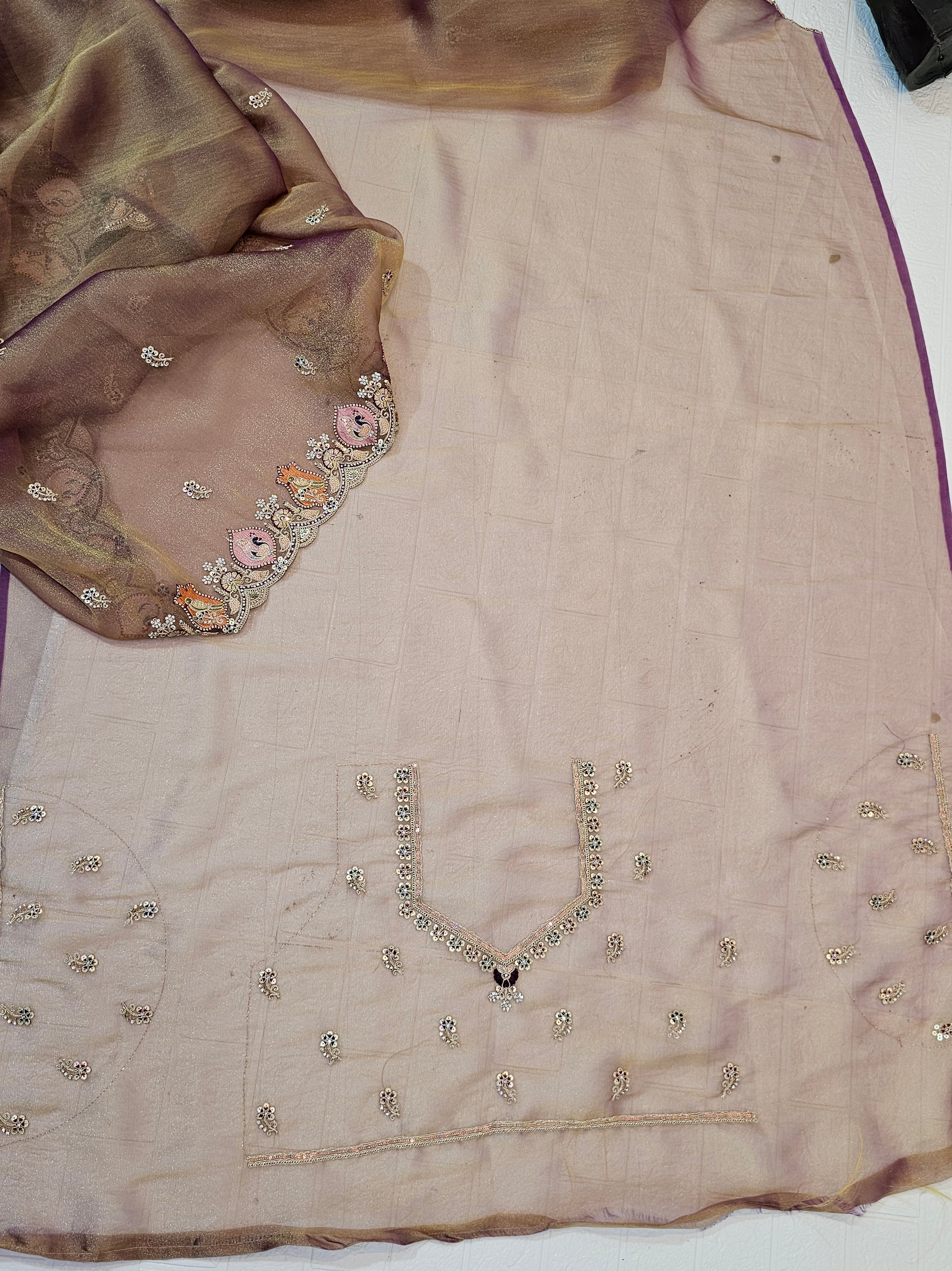 Dual-Tone Mauve and Olive Handloom Organza Saree with Zardozi Embroidery