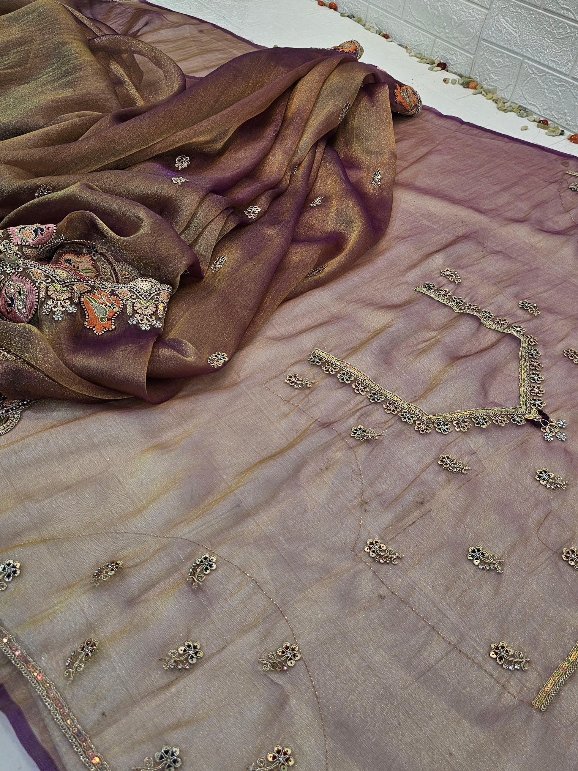 Dual-Tone Mauve and Olive Handloom Organza Saree with Zardozi Embroidery