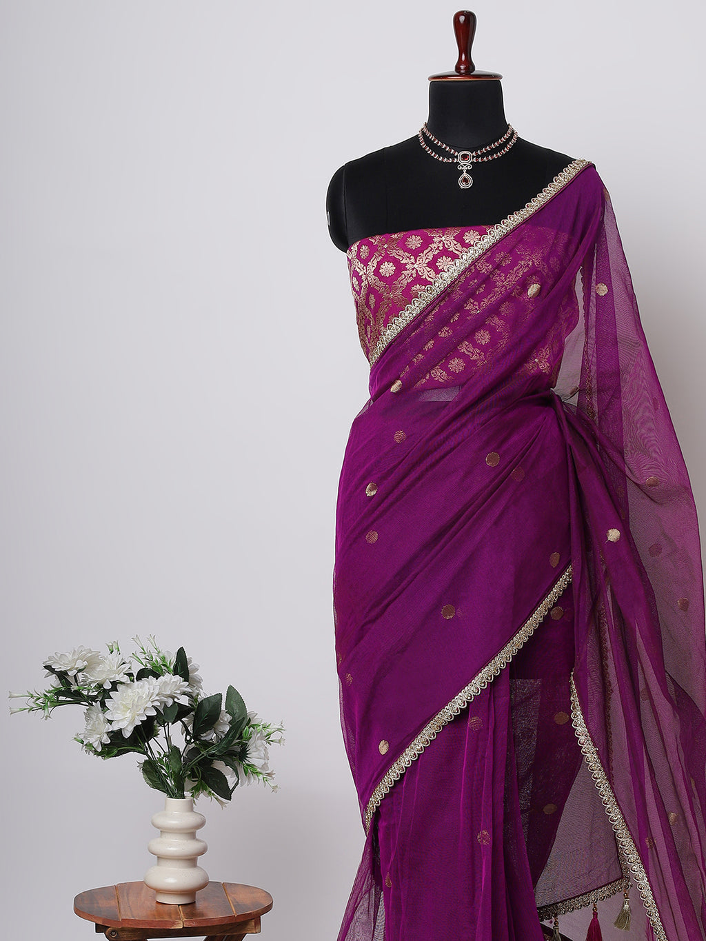 Purple Organza Saree with Golden Polka Embroidery & Banarasi Blouse