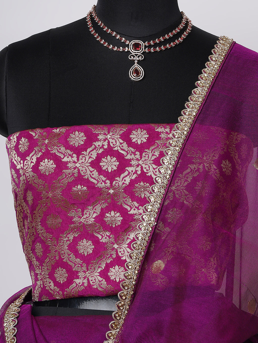 Purple Organza Saree with Golden Polka Embroidery & Banarasi Blouse