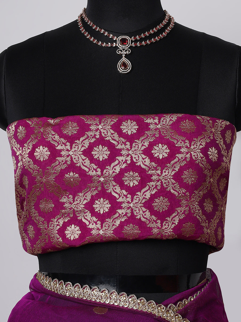 Purple Organza Saree with Golden Polka Embroidery & Banarasi Blouse