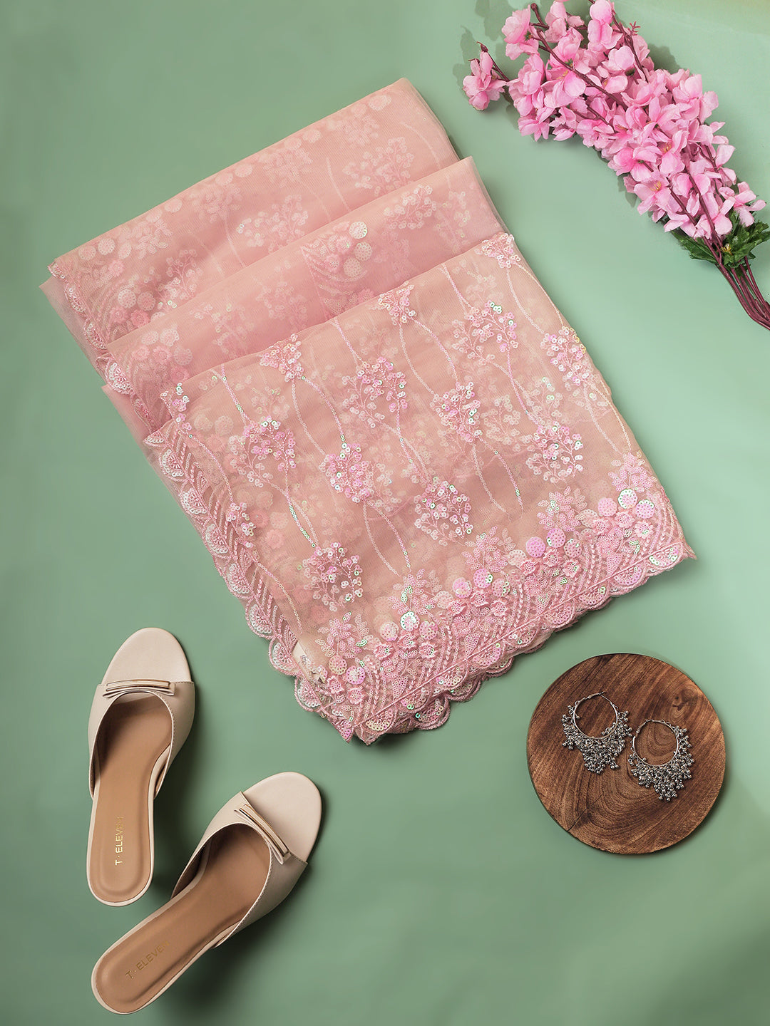 Blush Pink Floral Sequin Net Dupatta with Scalloped Border