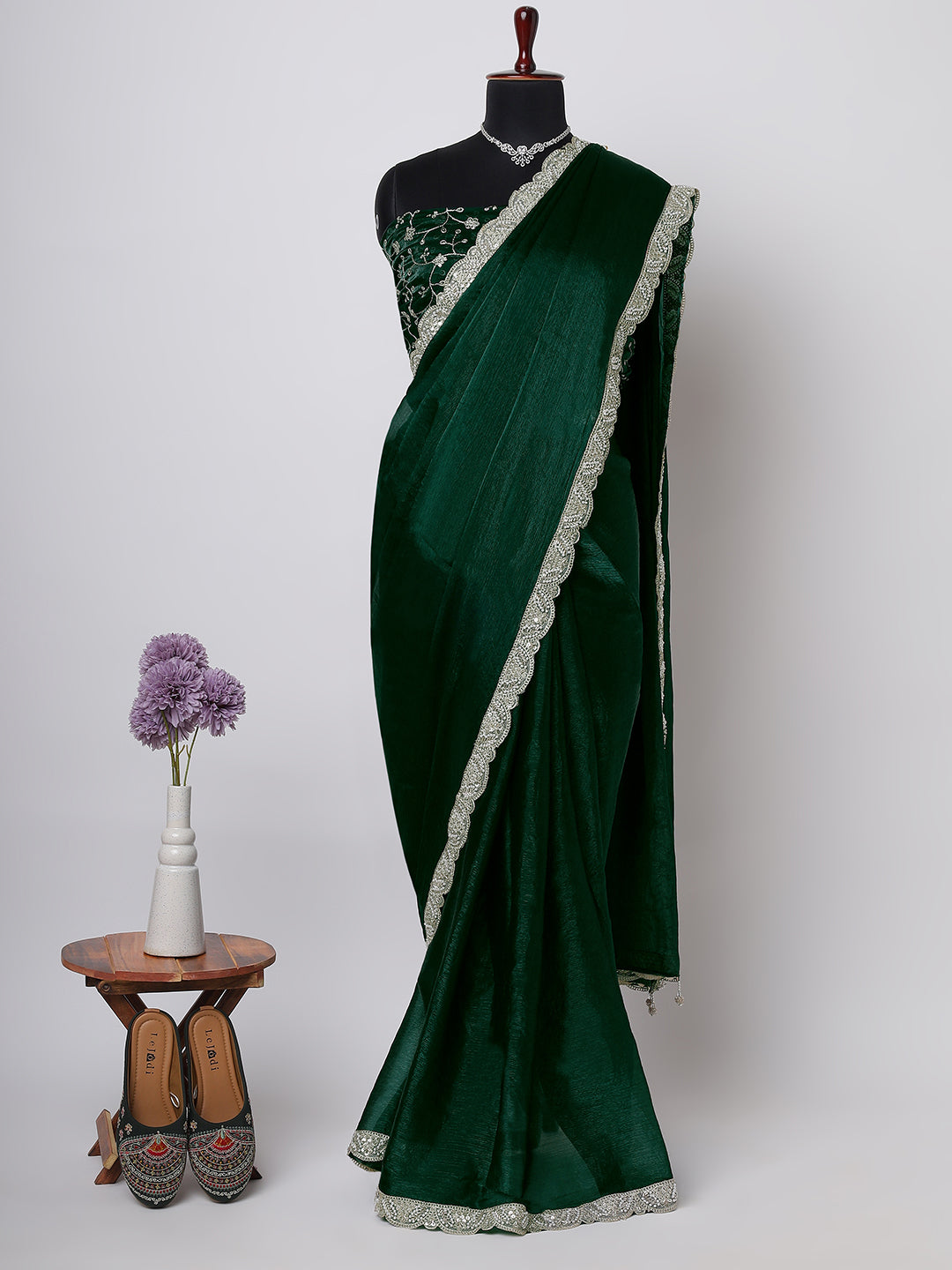 Emerald Green Satin Saree with Silver Embroidered Border & Velvet Blouse