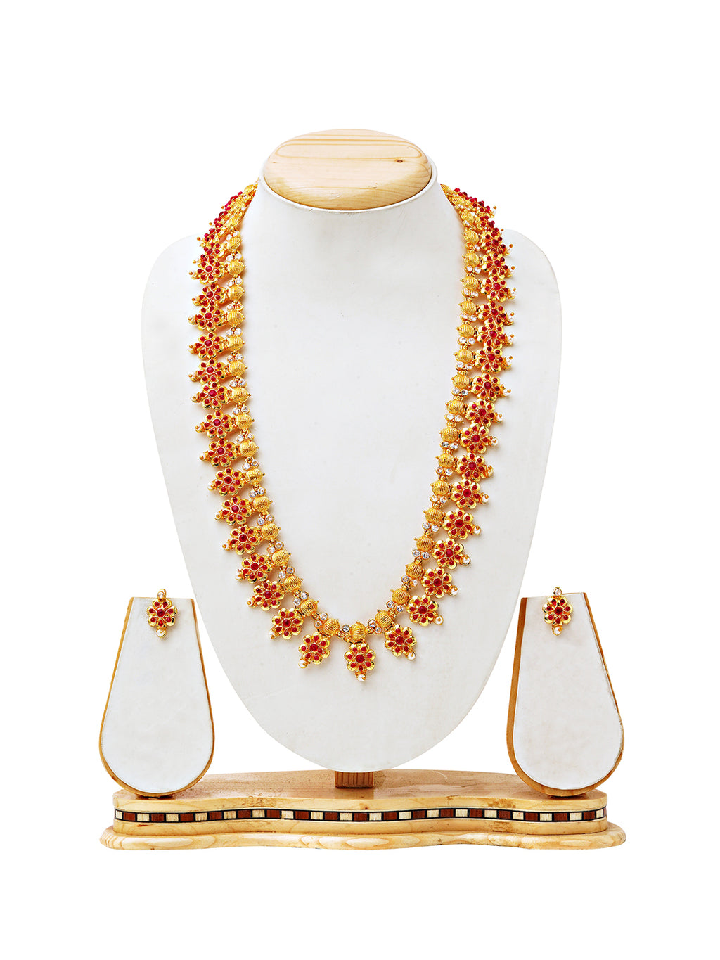 Traditional Temple-Inspired Gold Necklace Set with Red Stone Floral Motifs
