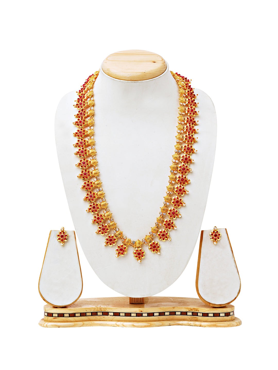 Traditional Temple-Inspired Gold Necklace Set with Red Stone Floral Motifs