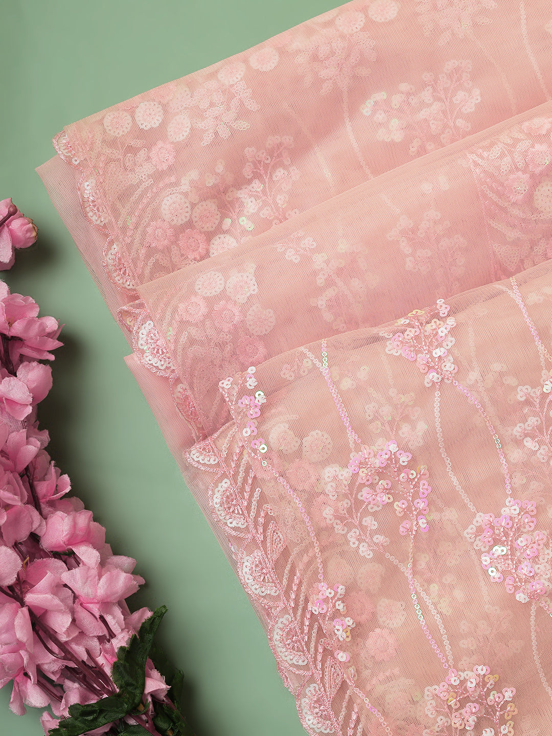 Blush Pink Floral Sequin Net Dupatta with Scalloped Border