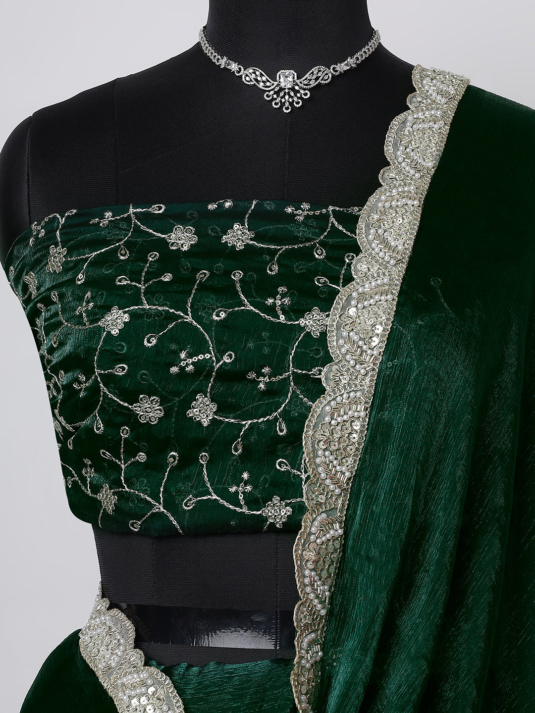 Emerald Green Satin Saree with Silver Embroidered Border & Velvet Blouse