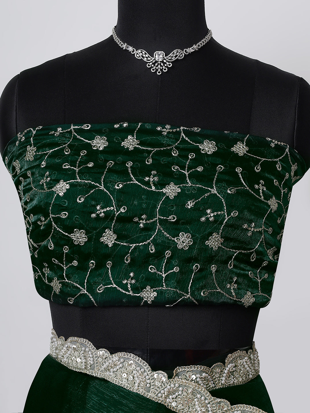Emerald Green Satin Saree with Silver Embroidered Border & Velvet Blouse