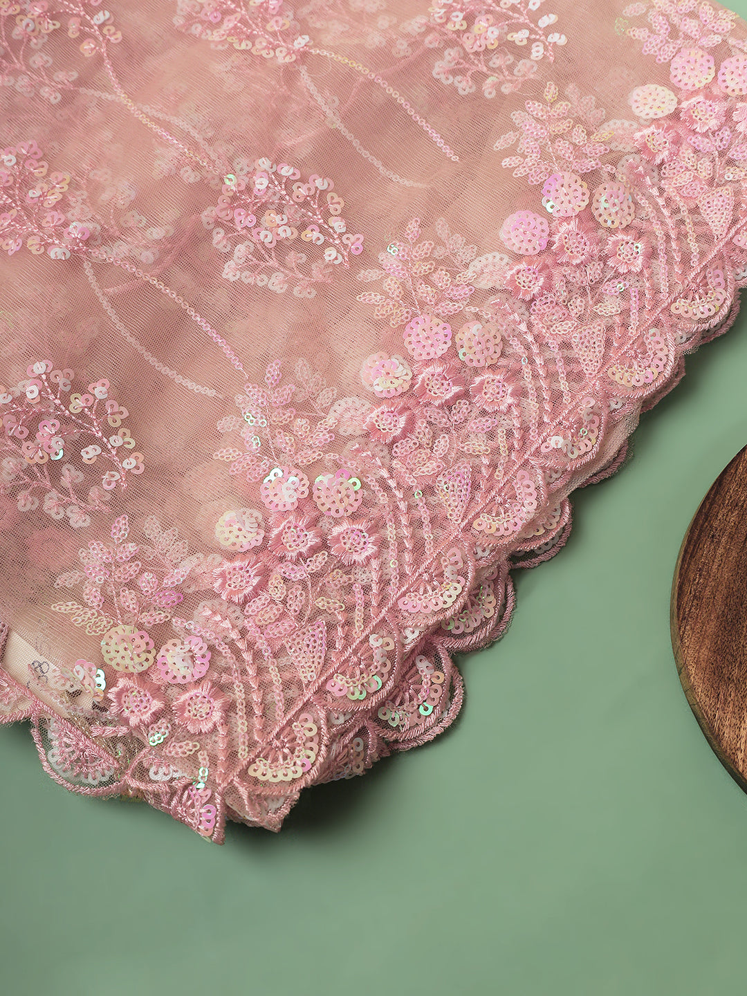 Blush Pink Floral Sequin Net Dupatta with Scalloped Border