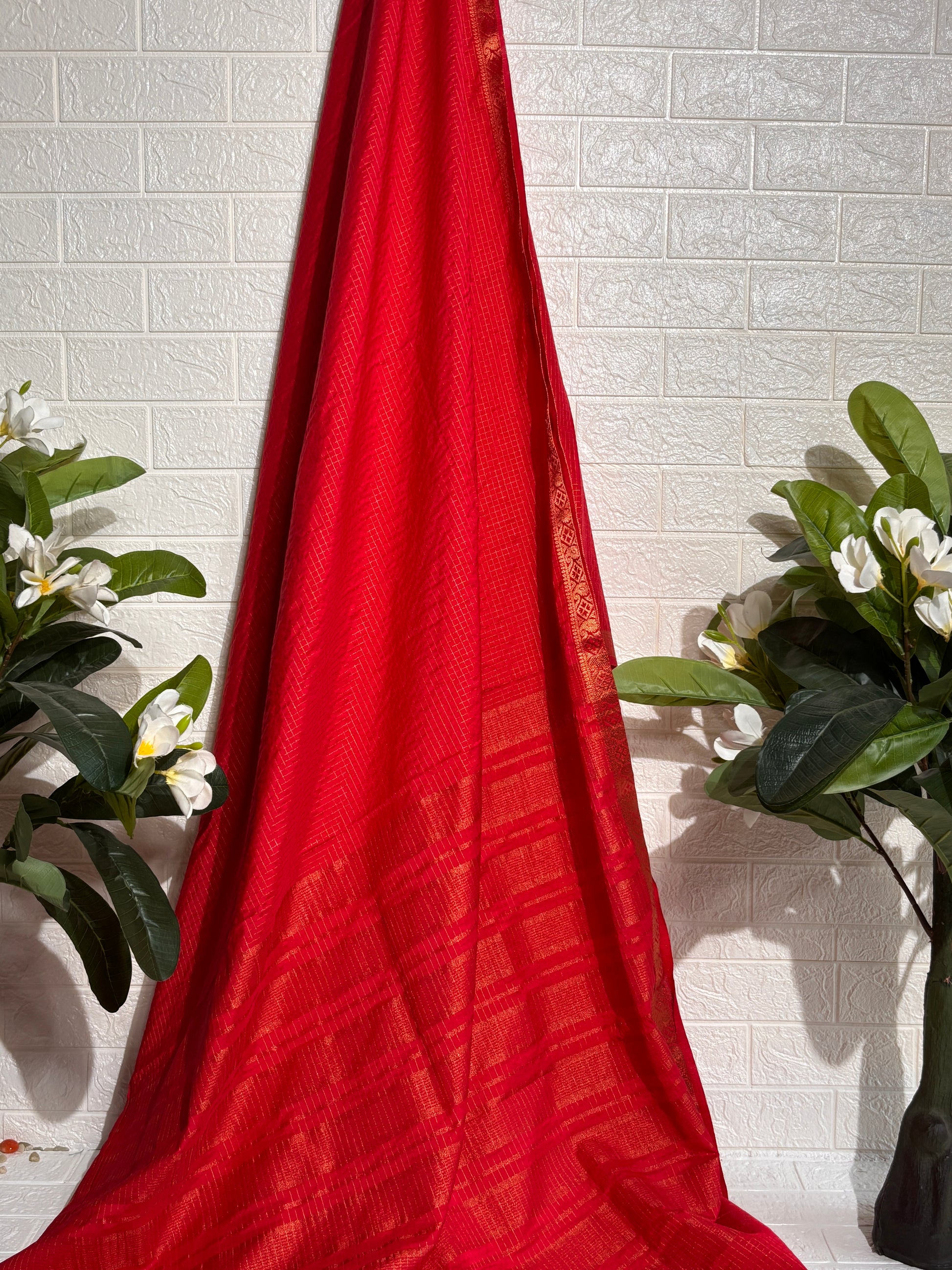 "Crimson Elegance Zari Border Saree"