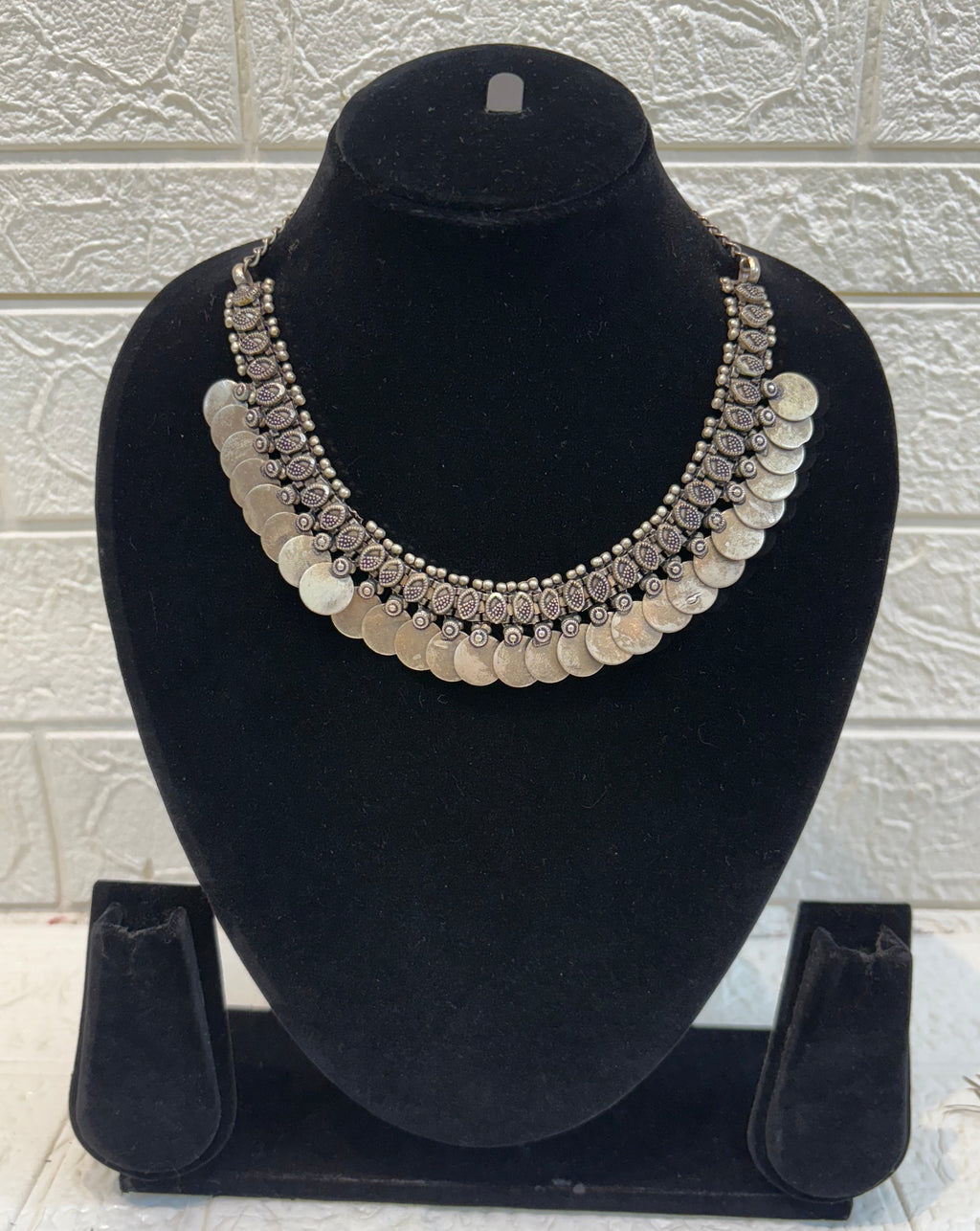 Name: Coin Oxidized Silver Choker Necklace German silver with antique coin detailing and intricate handcrafted design