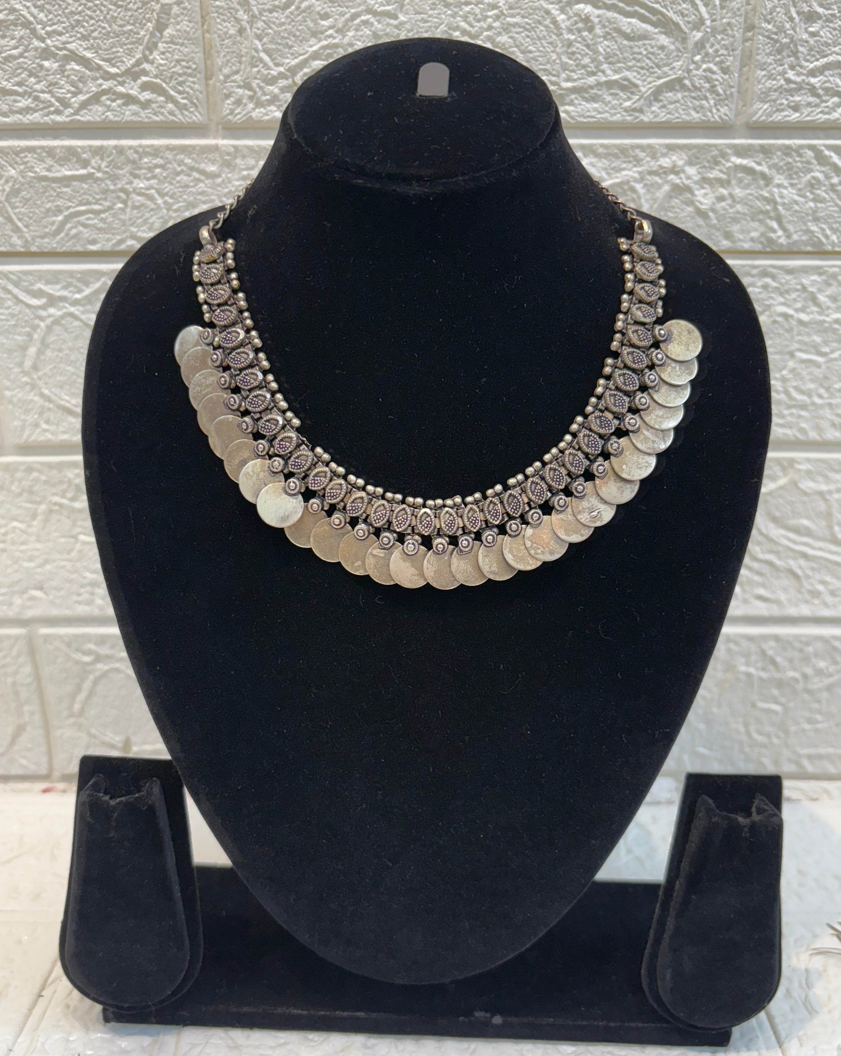 Name: Coin Oxidized Silver Choker Necklace German silver with antique coin detailing and intricate handcrafted design