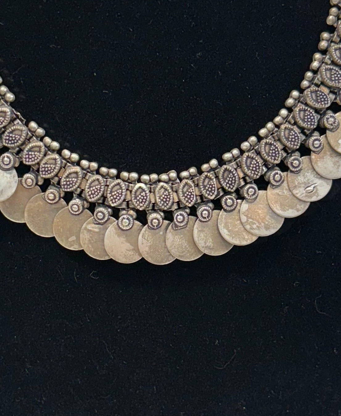 Name: Coin Oxidized Silver Choker Necklace German silver with antique coin detailing and intricate handcrafted design