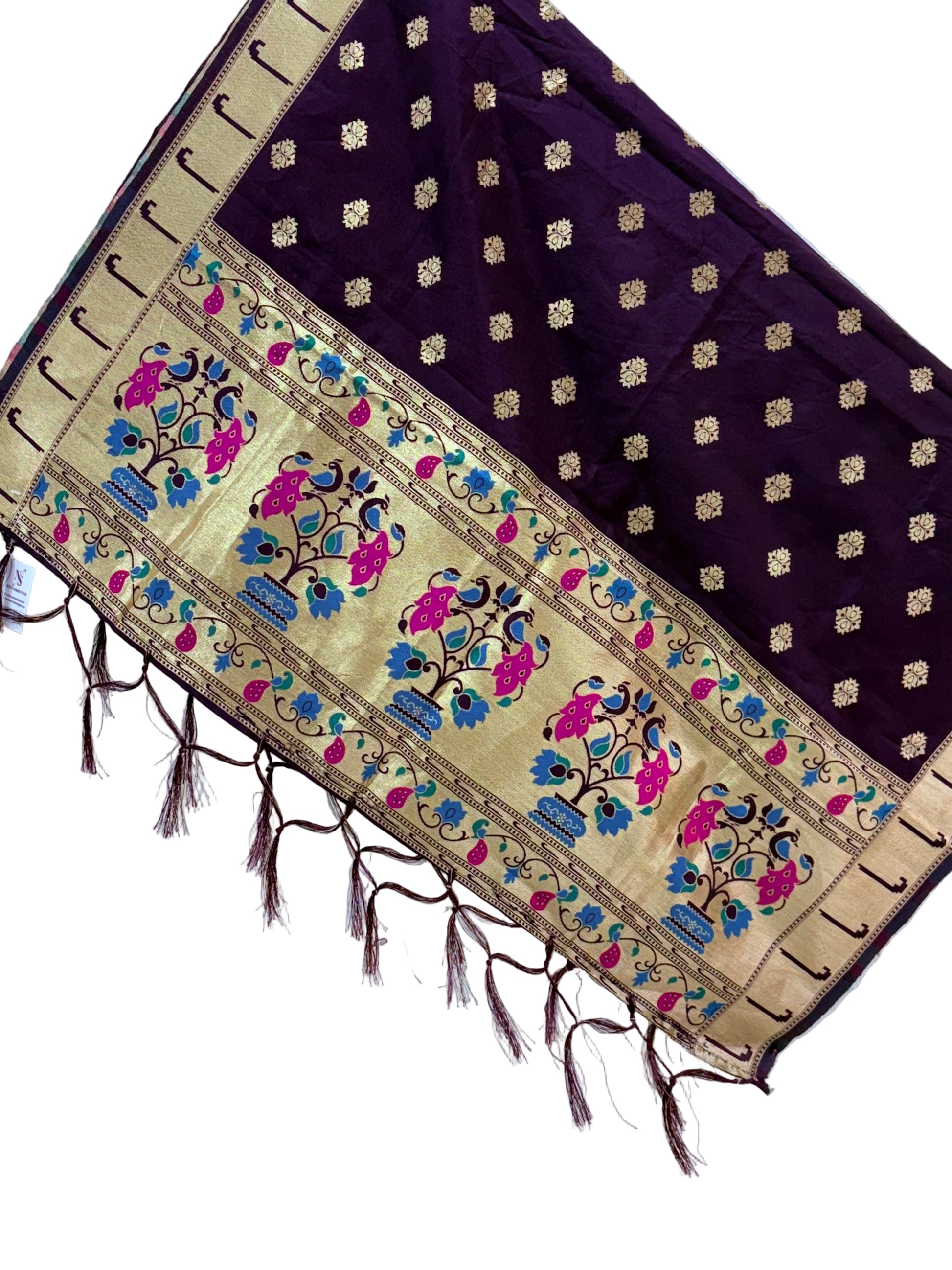 Name: Mystic Plum Banarasi Silk Dupatta 
Crafted from luxurious Banarasi silk, this dupatta features golden zari motifs all over with a contrast beige border adorned with vibrant peacock and floral patterns in teal and