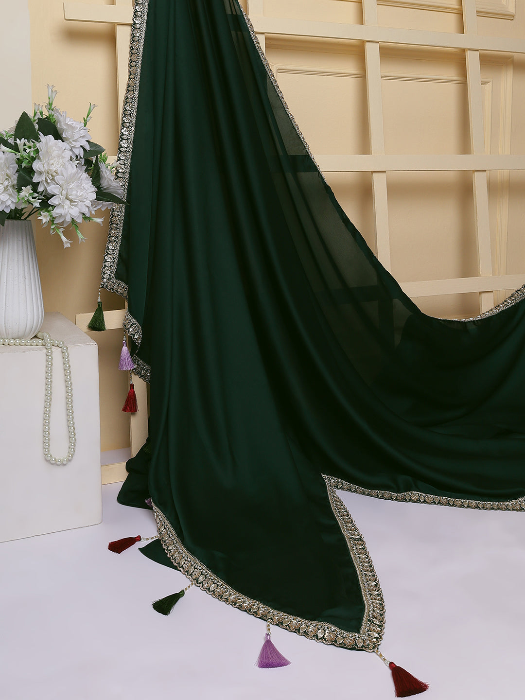 Emerald Green Satin Saree with Silver Embroidered Border & Velvet Blouse
