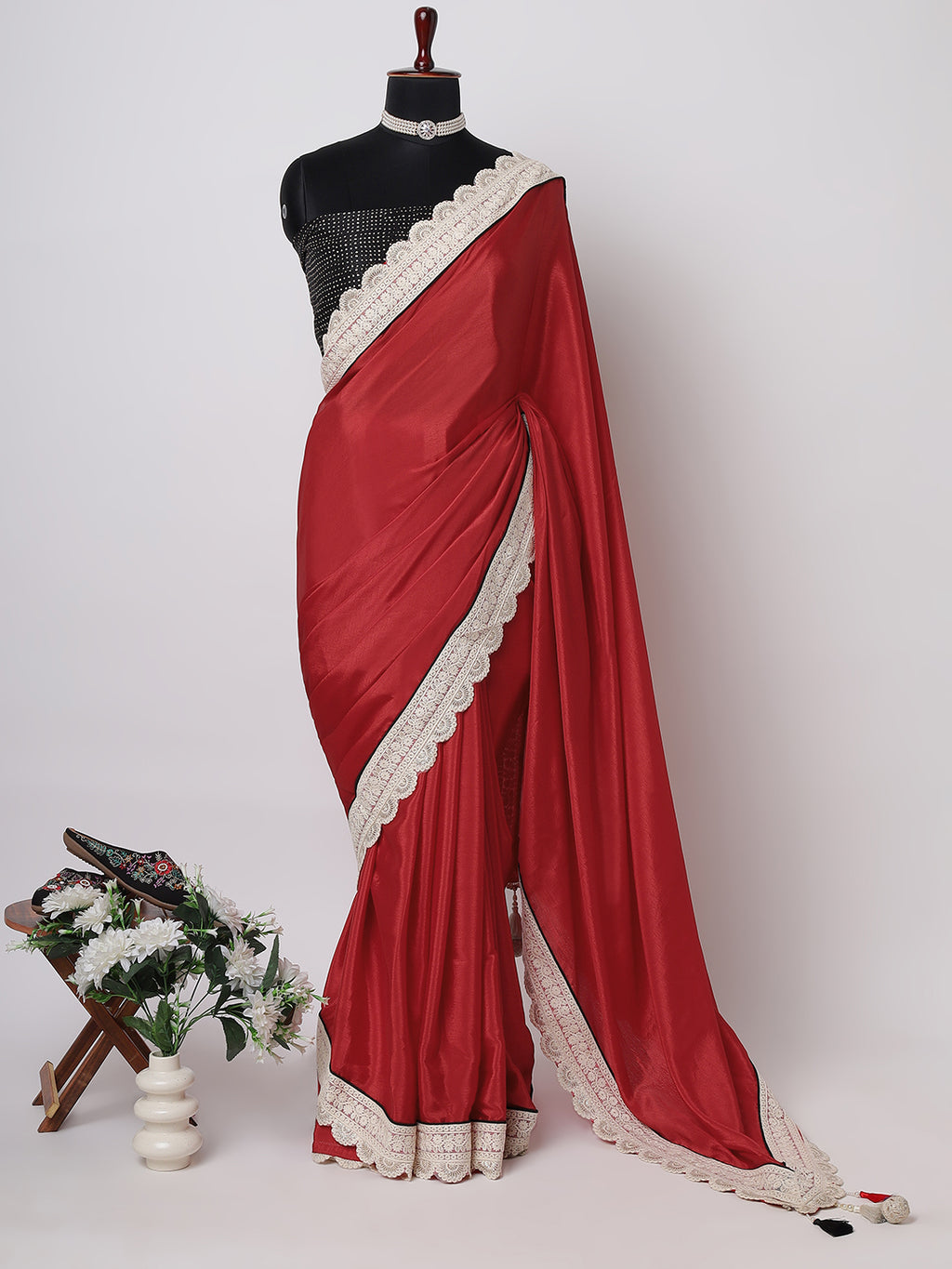 Classic Red Saree with Ivory Scalloped Lace Border