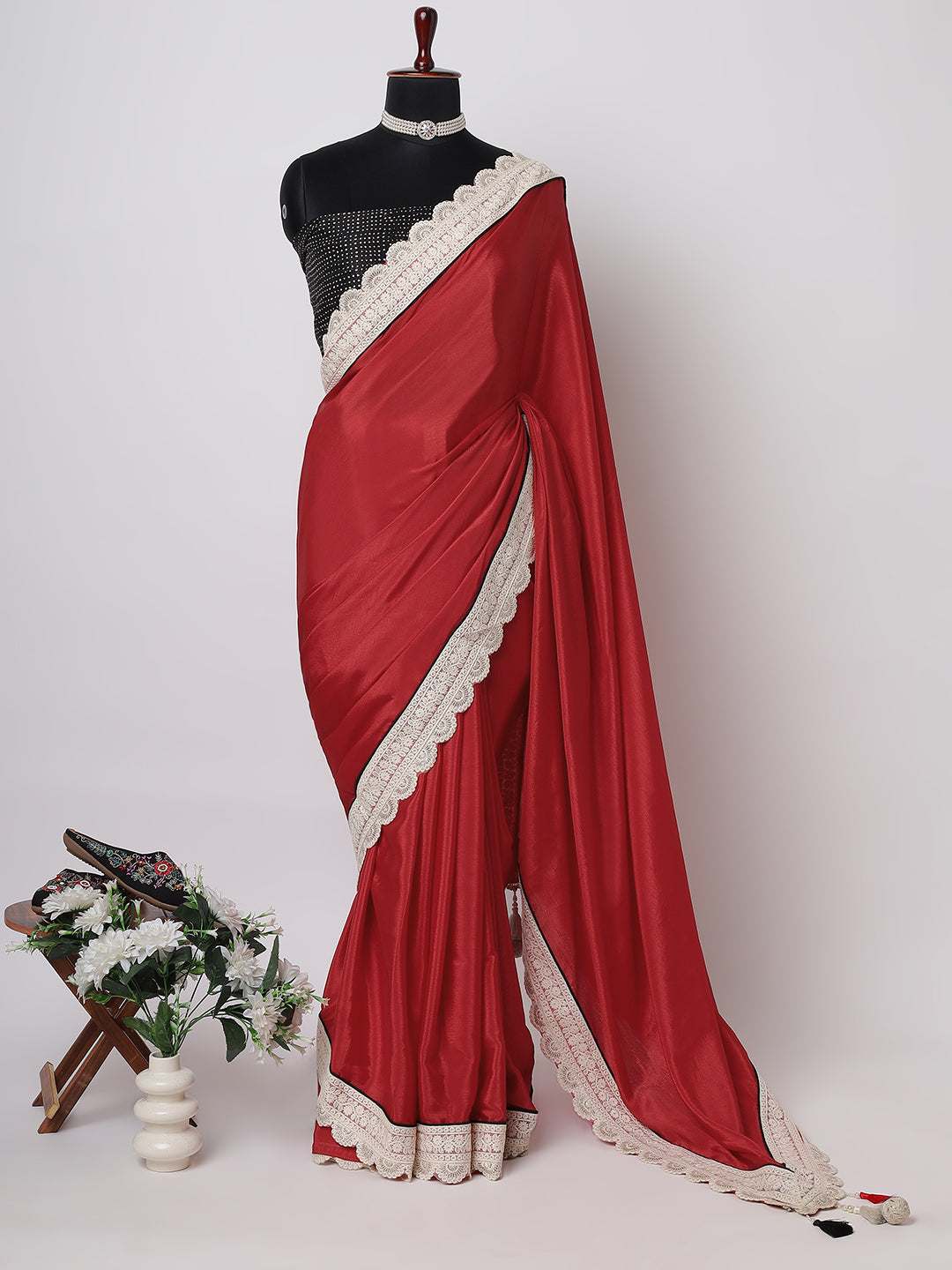 Classic Red Saree with Ivory Scalloped Lace Border