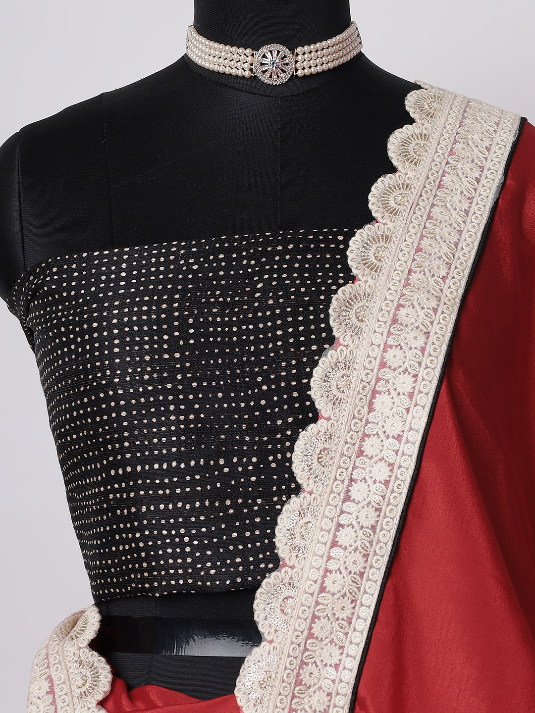 Classic Red Saree with Ivory Scalloped Lace Border