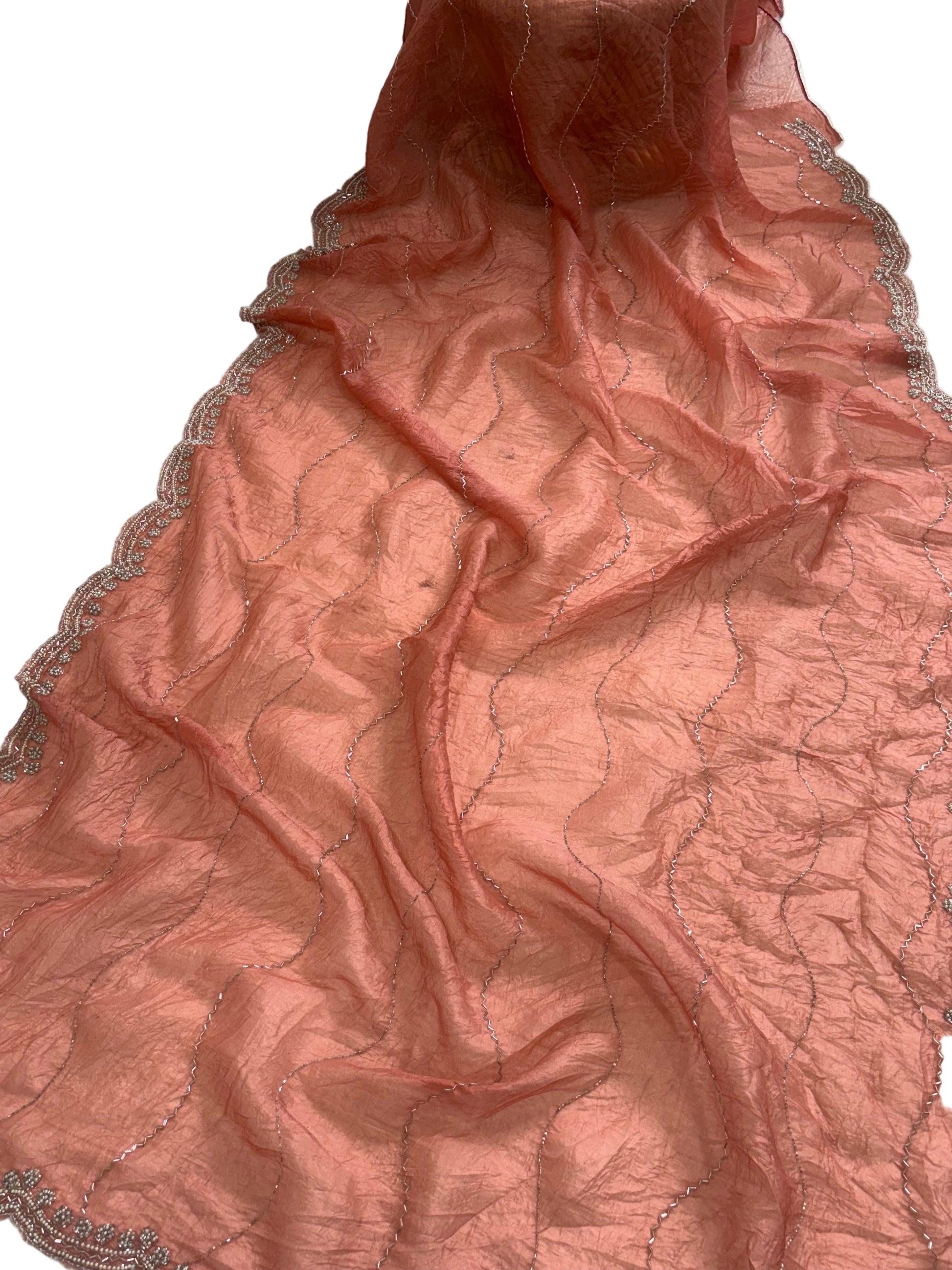 Name: creamy peach colour Saree Shimmer organza with delicate sequin wave embroidery and scalloped border