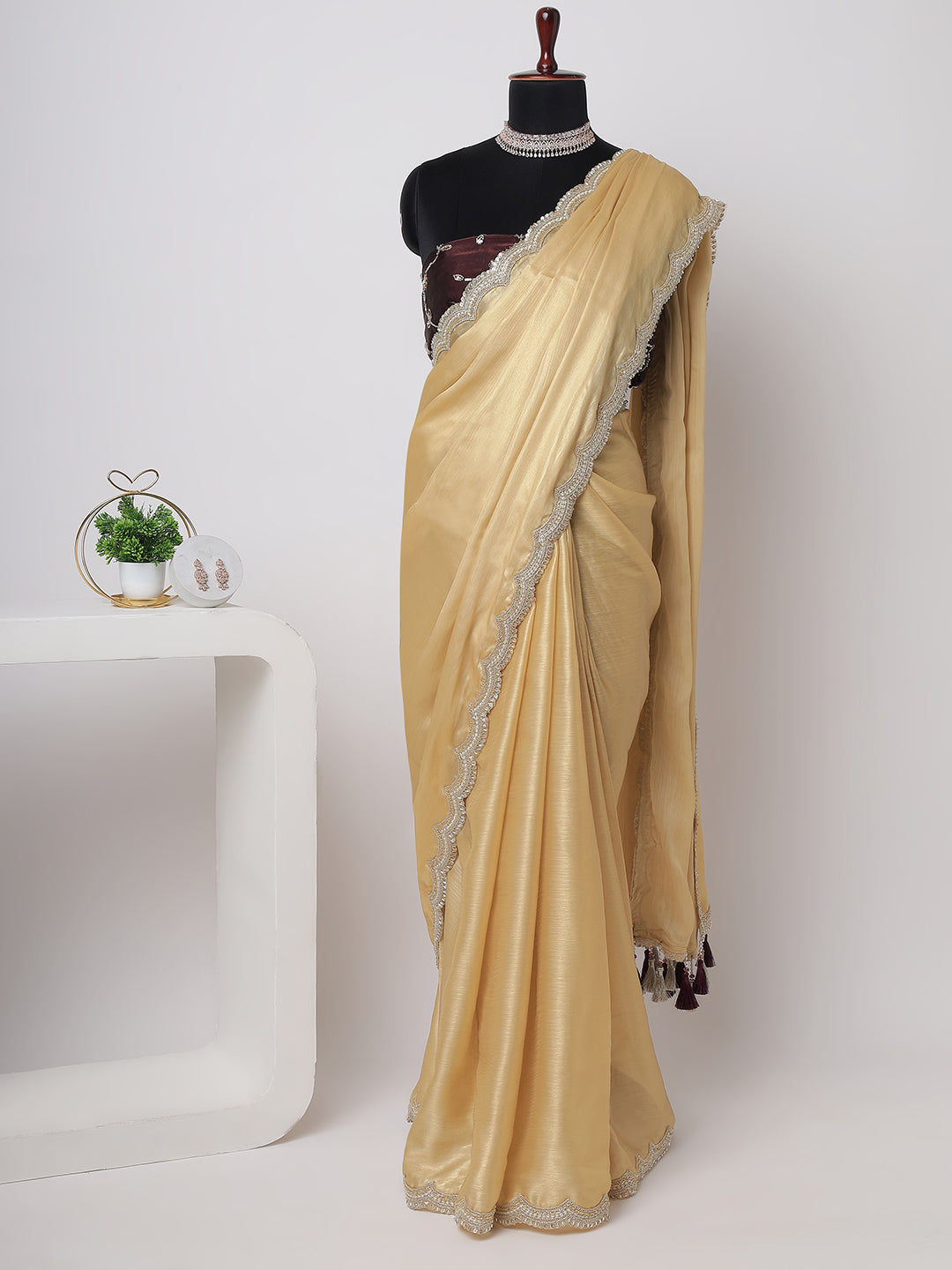 Champagne Gold Satin Saree with Scalloped Silver Embroidered Border