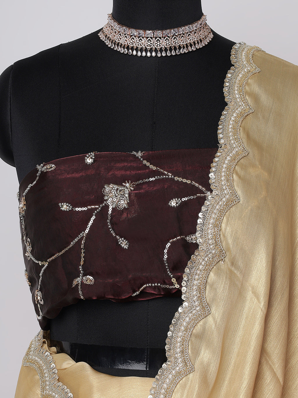Champagne Gold Satin Saree with Scalloped Silver Embroidered Border