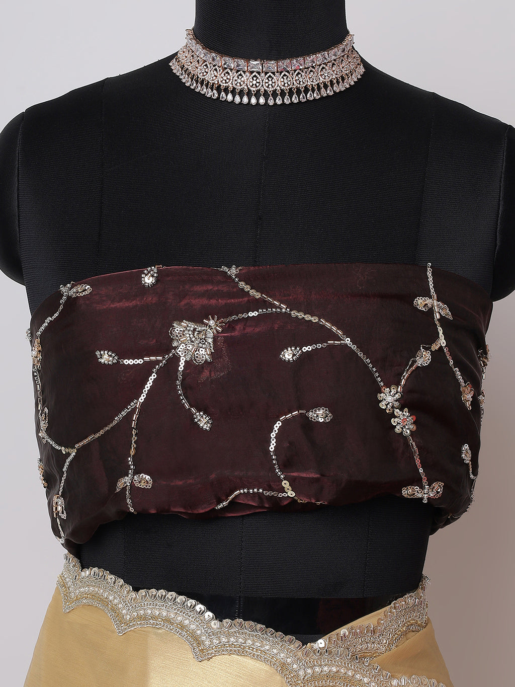 Champagne Gold Satin Saree with Scalloped Silver Embroidered Border