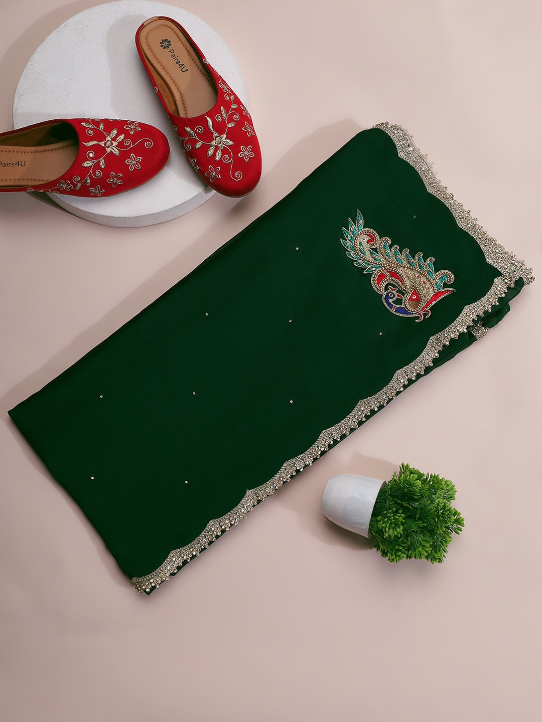 Emerald Green Saree with Embellished Peacock Motif & Scalloped Border
