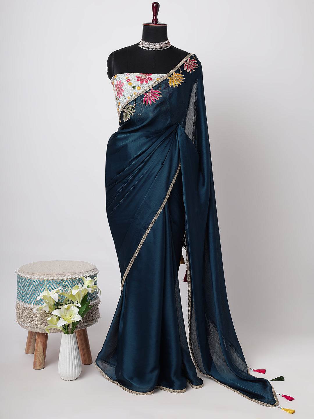 Midnight Blue Satin Saree with Subtle Gold Border and Multicolor Tassels