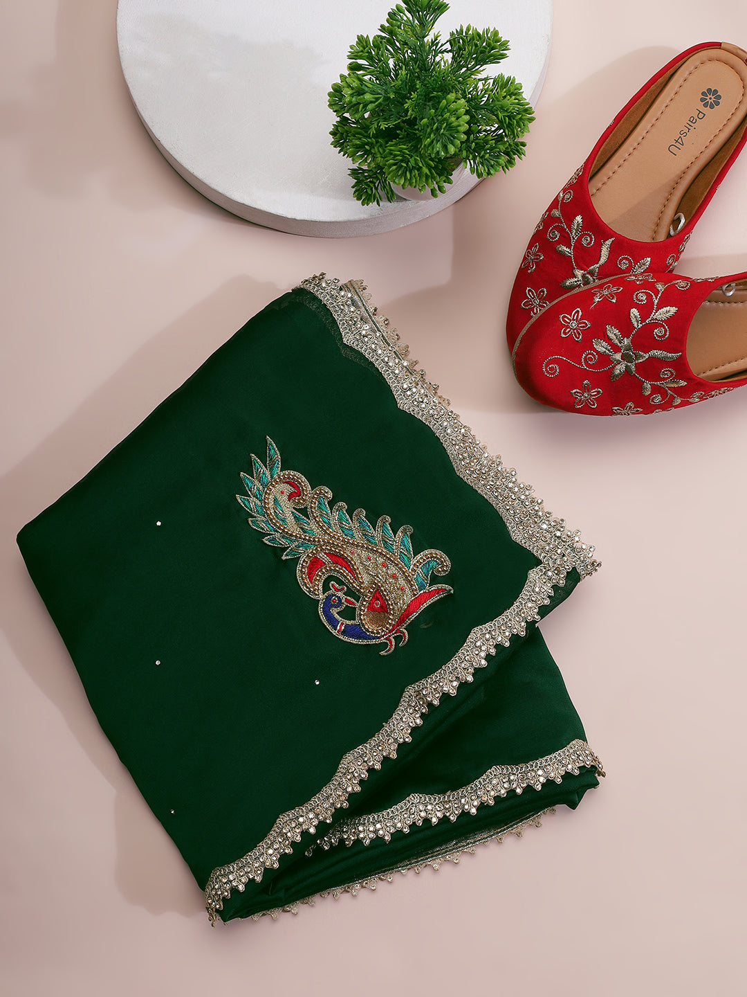 Emerald Green Saree with Embellished Peacock Motif & Scalloped Border