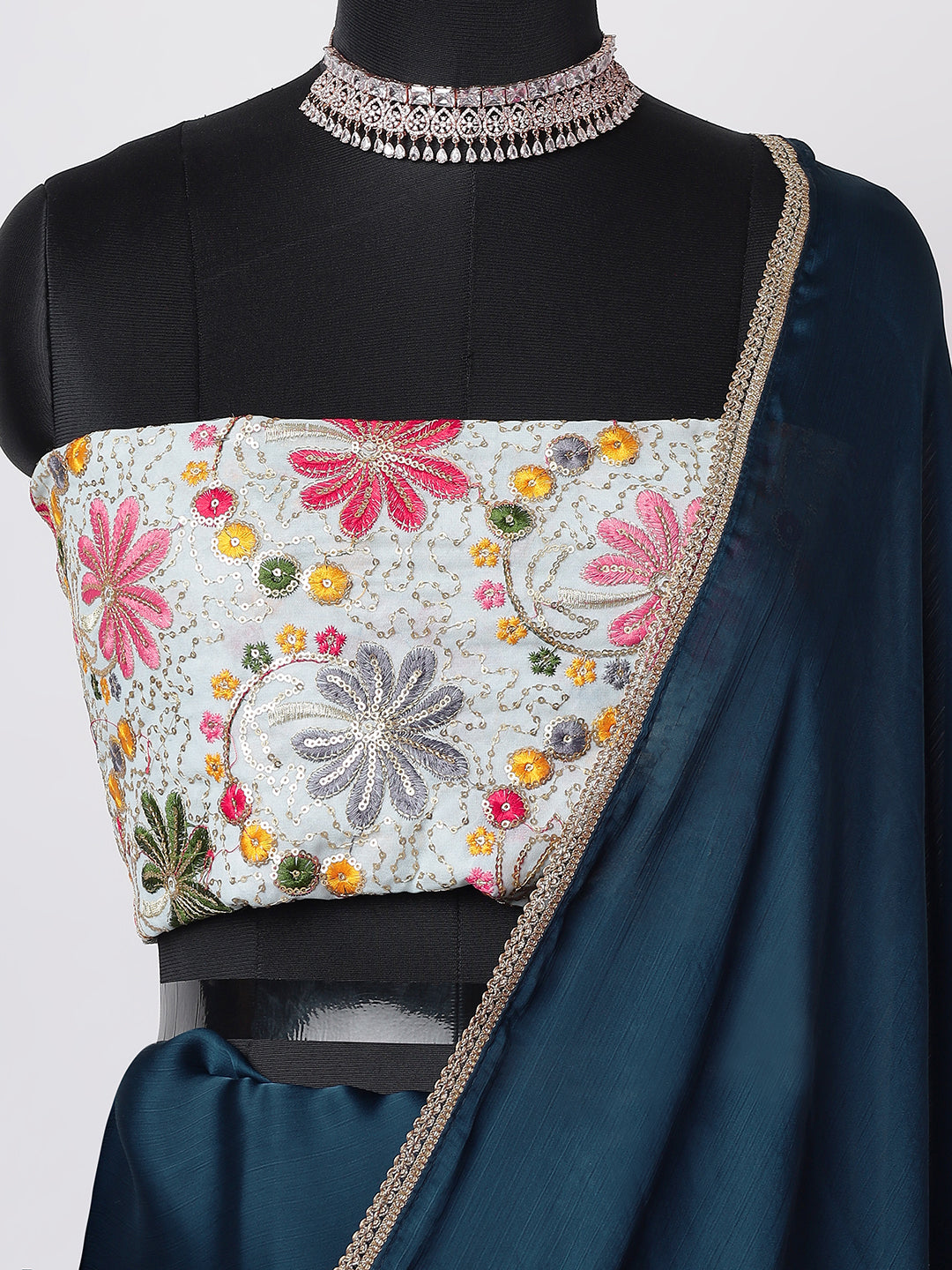 Midnight Blue Satin Saree with Subtle Gold Border and Multicolor Tassels