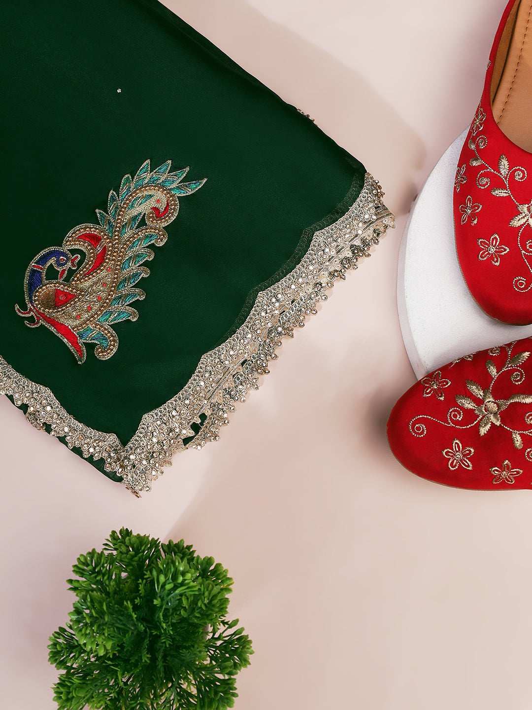 Emerald Green Saree with Embellished Peacock Motif & Scalloped Border