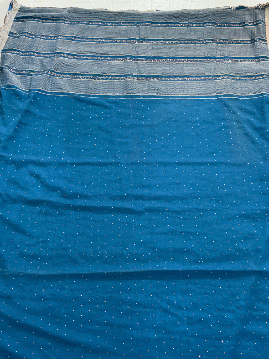 Teal Blue Saree with golden border and Pallu shimmer georgette Silk Saree Blend with Zari Weave