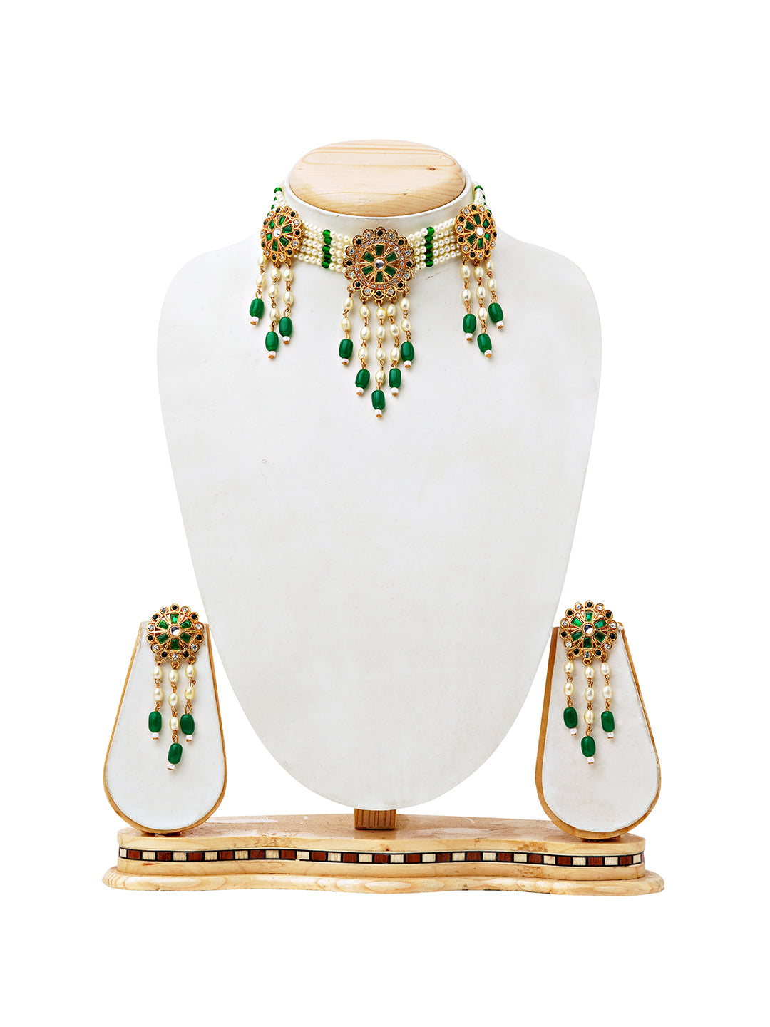 Traditional Green Beaded Choker & Earrings Set