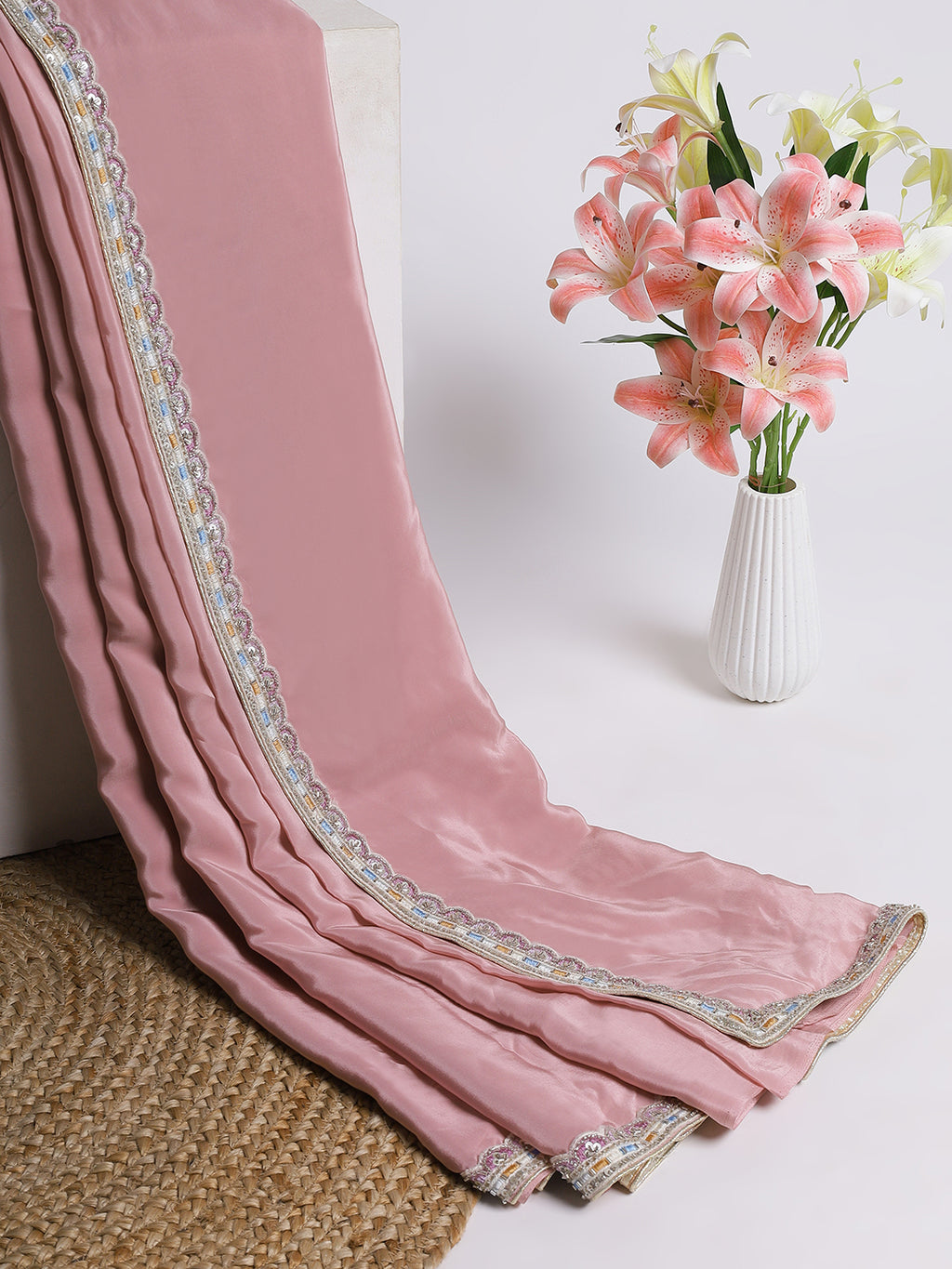 Pink Satin Saree with Embroidered Border