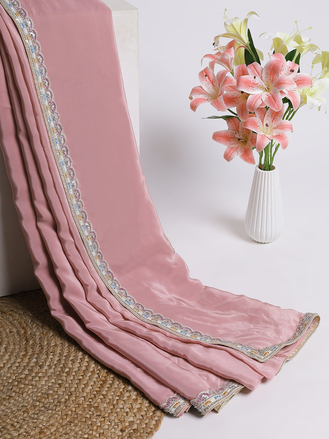 Pink Satin Saree with Embroidered Border