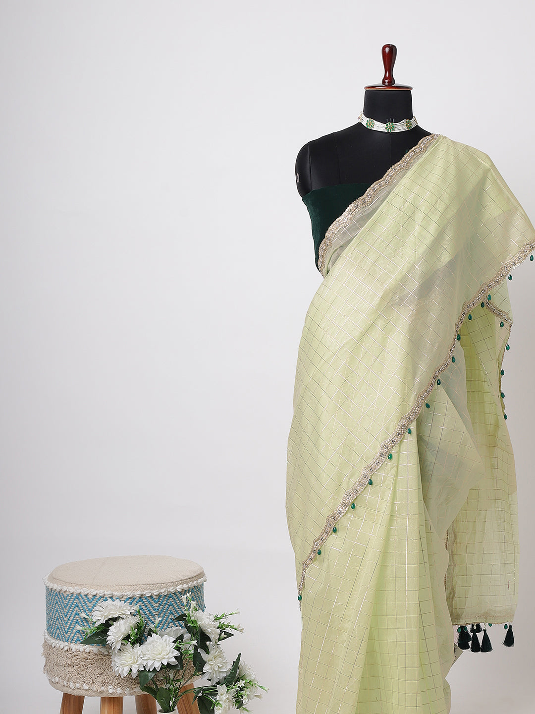 Pastel Green Handloom Saree with Silver Checks & Beaded Border