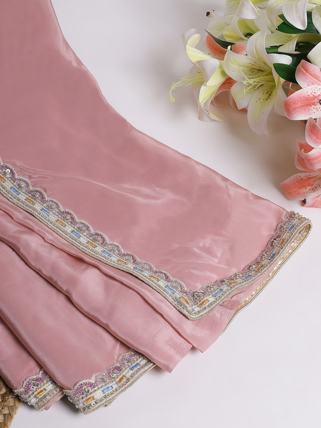 Pink Satin Saree with Embroidered Border