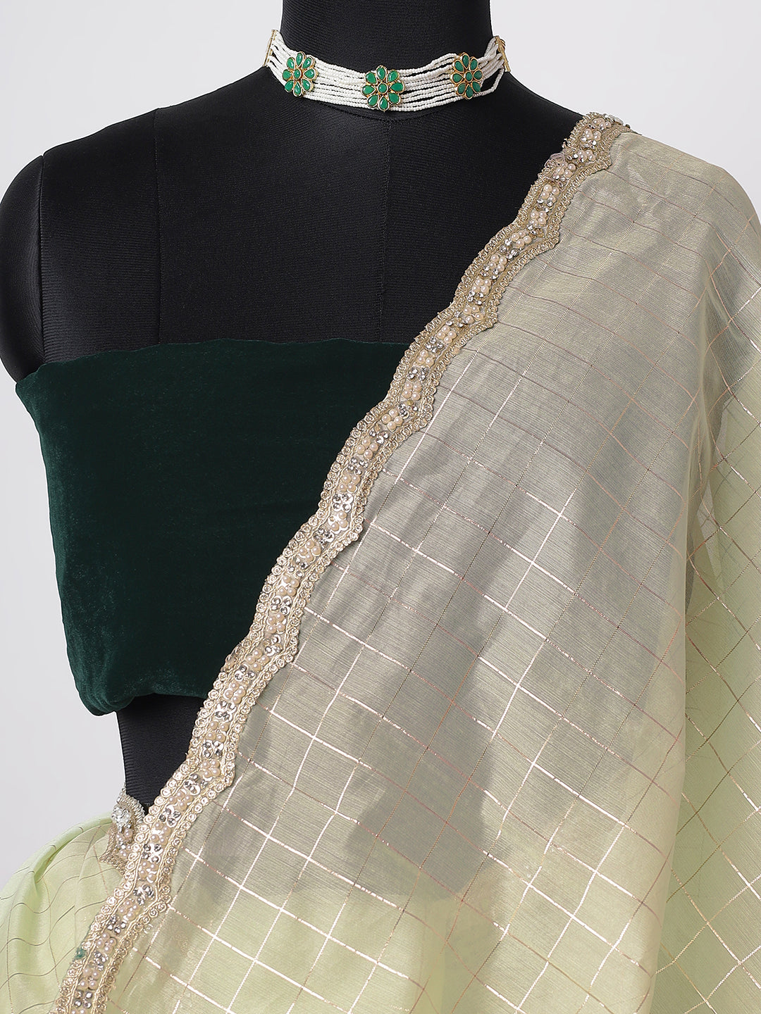 Pastel Green Handloom Saree with Silver Checks & Beaded Border