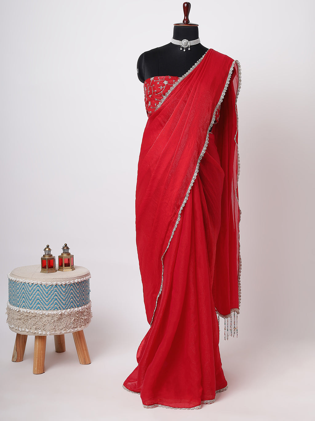 “Laal Nazakat” – Classic Red Saree with Silver Beaded Border