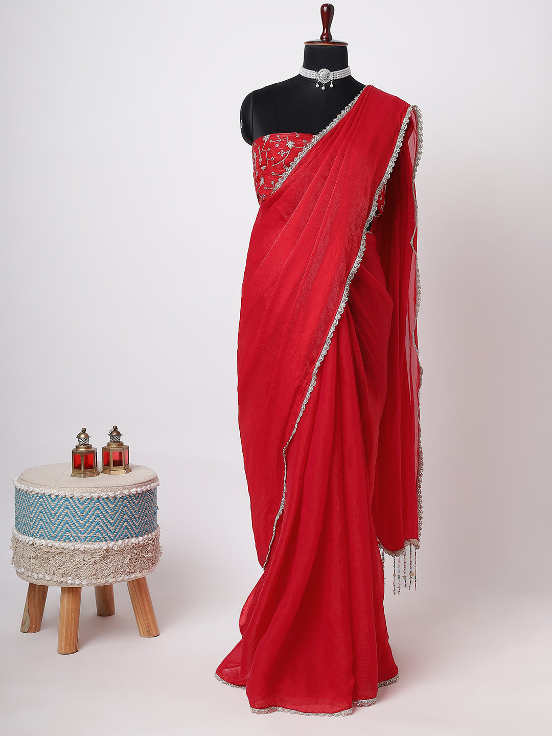 “Laal Nazakat” – Classic Red Saree with Silver Beaded Border