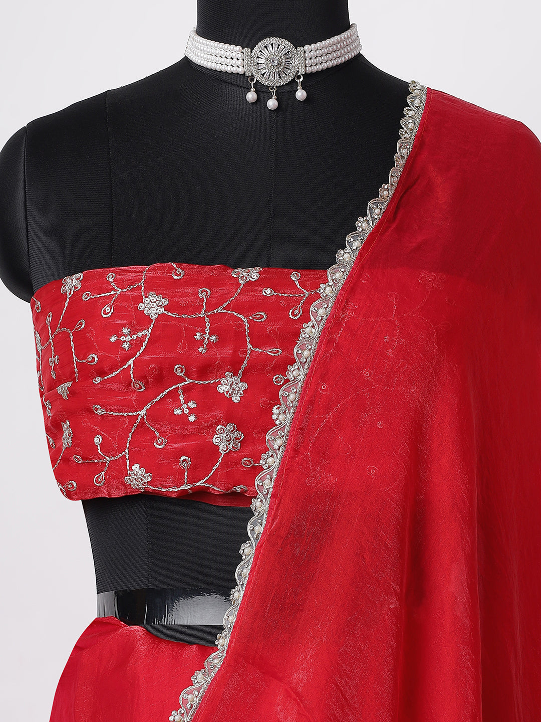 “Laal Nazakat” – Classic Red Saree with Silver Beaded Border